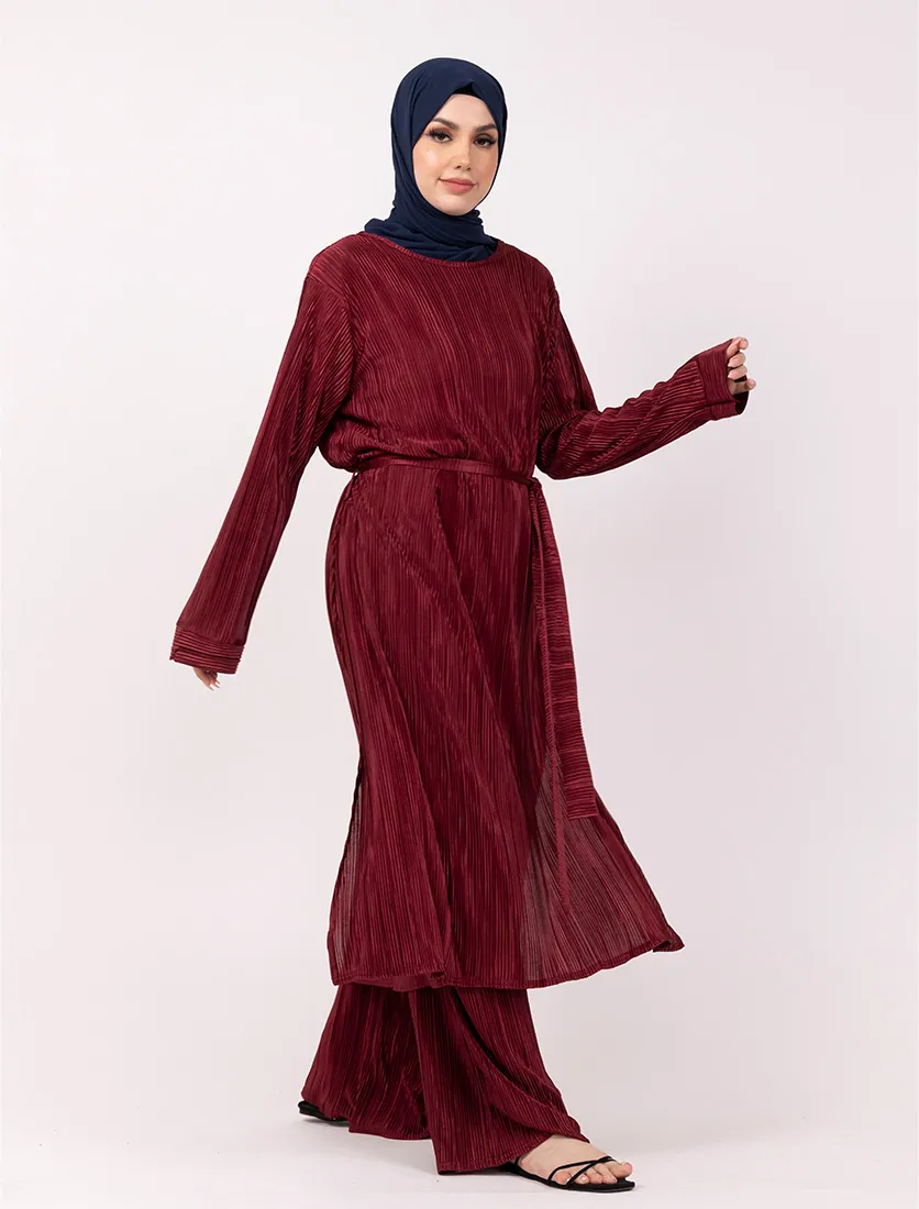 Maroon Long Plisse Co Ord